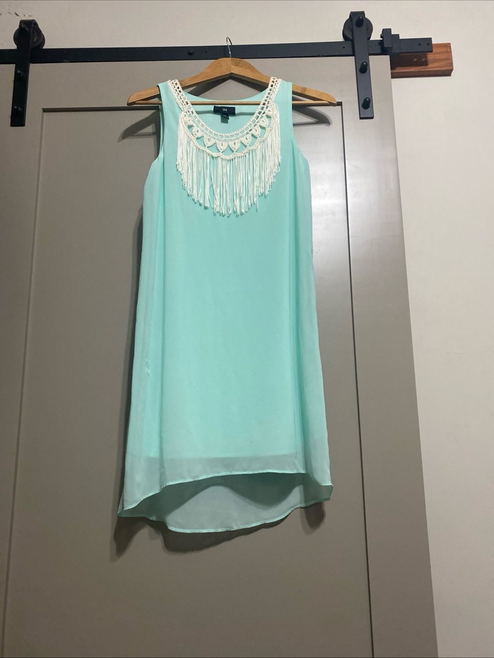 I.N. San Francisco Mint Fringe Crochet High-Low Shift Dress